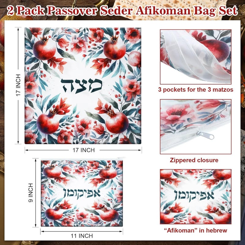 Mindsoft 2 Pcs Passover Afikoman Bags set Passover Seder Afikomen Holder Rustic Matzah Afikoman Cover Bags with 3 Layers Compartment for Pesach Jewish Holiday Party Decor Gifts(Pomegranate) - Image 2